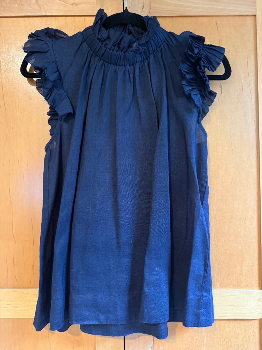 Sea New York Navy Ramie Ruffle High Neck Blouse Top Size 6